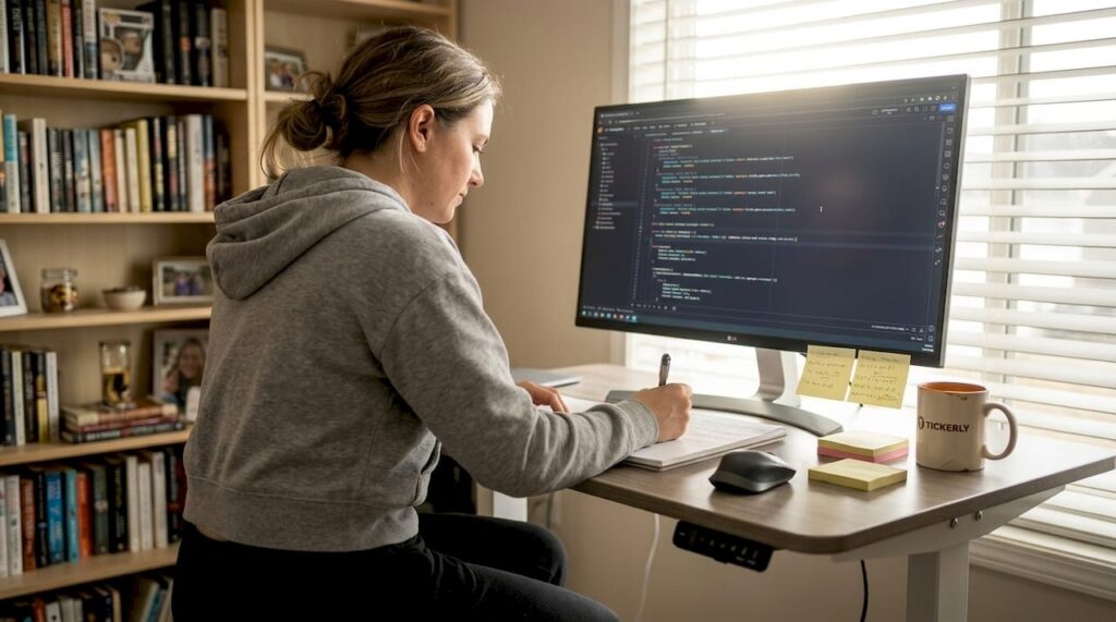 Trader reviewing scripts at cluttered home desk