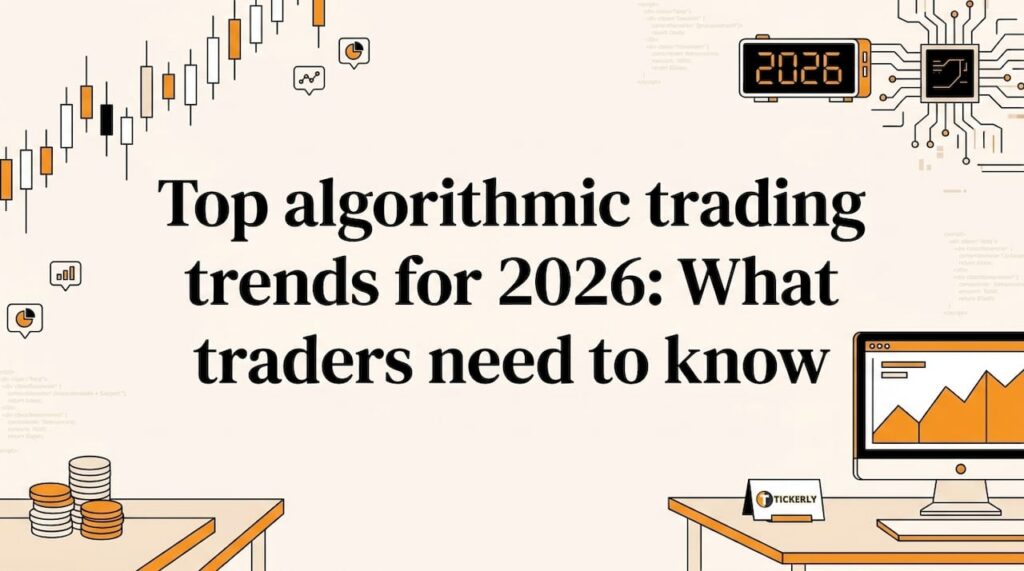 Decorative title card with trading icons and charts