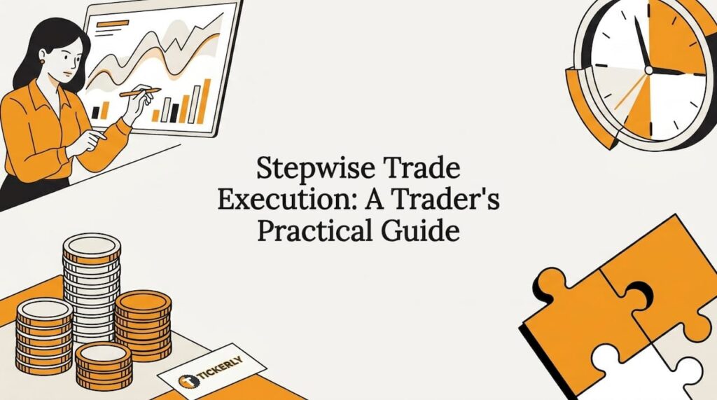 Decorative title card with trade execution themed illustrations