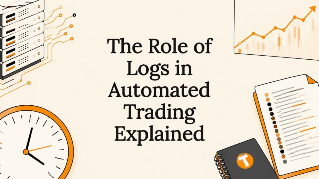 Decorative title card illustration with trading and logs theme