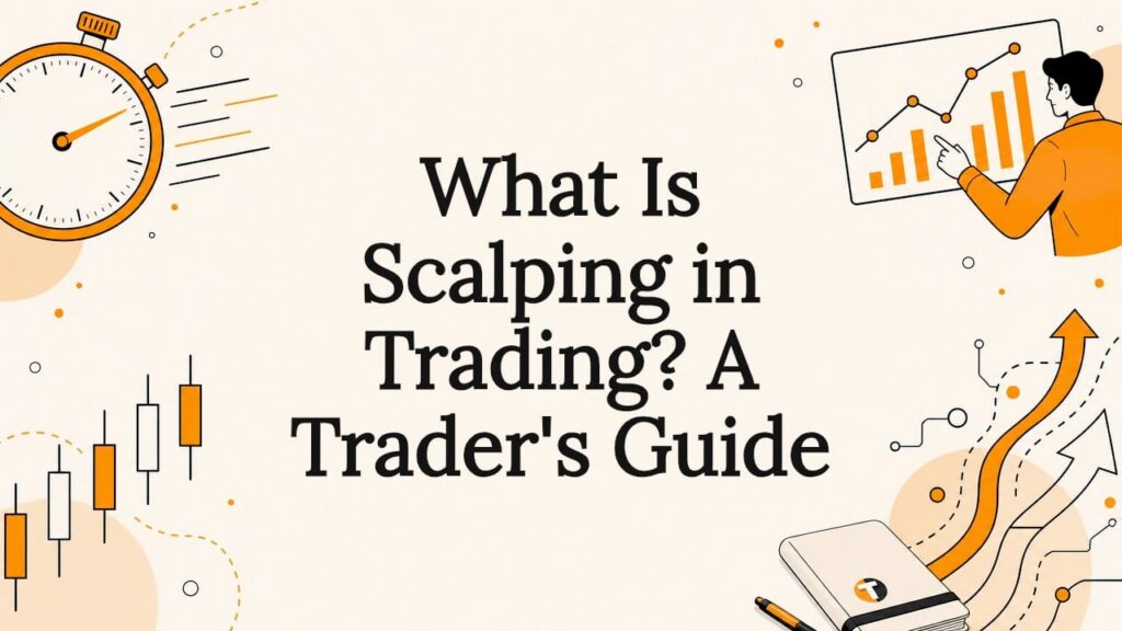 Decorative title card illustration with trading icons