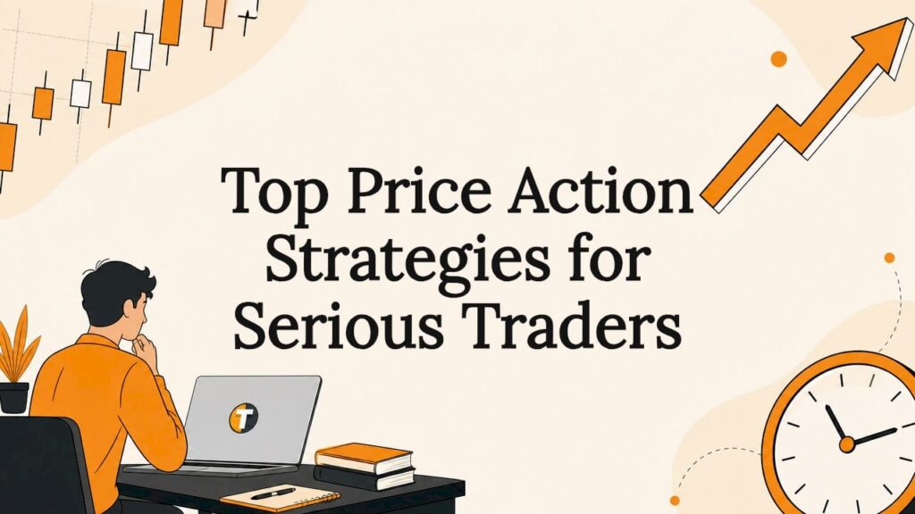 Decorative title card illustration with trading icons