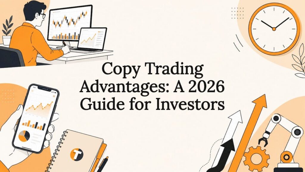 Flat vector title card with trading illustrations
