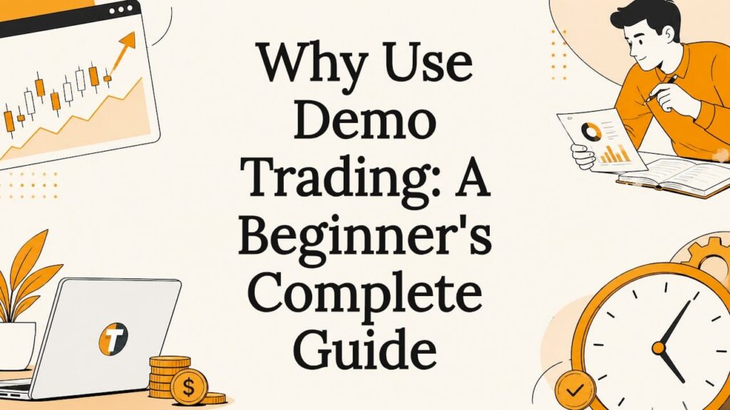 Decorative title card with trading-themed illustrations