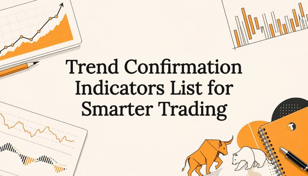 Decorative flat-vector title card with trading icons