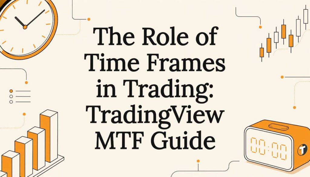 Decorative title card illustration with trading time icons